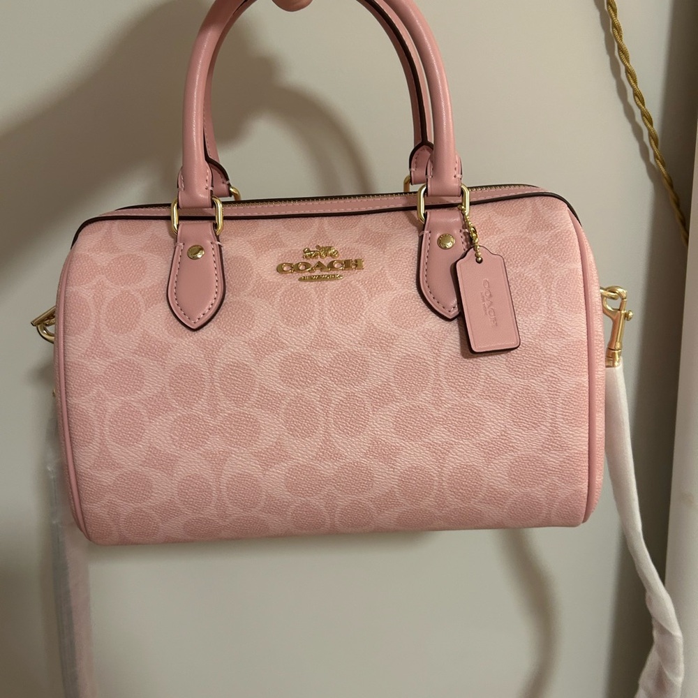 coach powder pink rowan satchel in signature canvas
